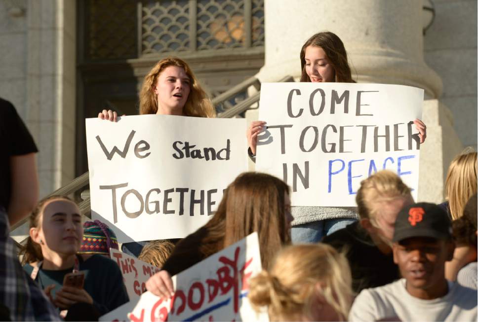 Leah Hogsten  |  The Salt Lake Tribune
High School students from Salt Lake City who are afraid, upset and discouraged due to last night's election results held a sit-in at the Utah Capitol to show solidarity for their immigrant and LGBT peers.