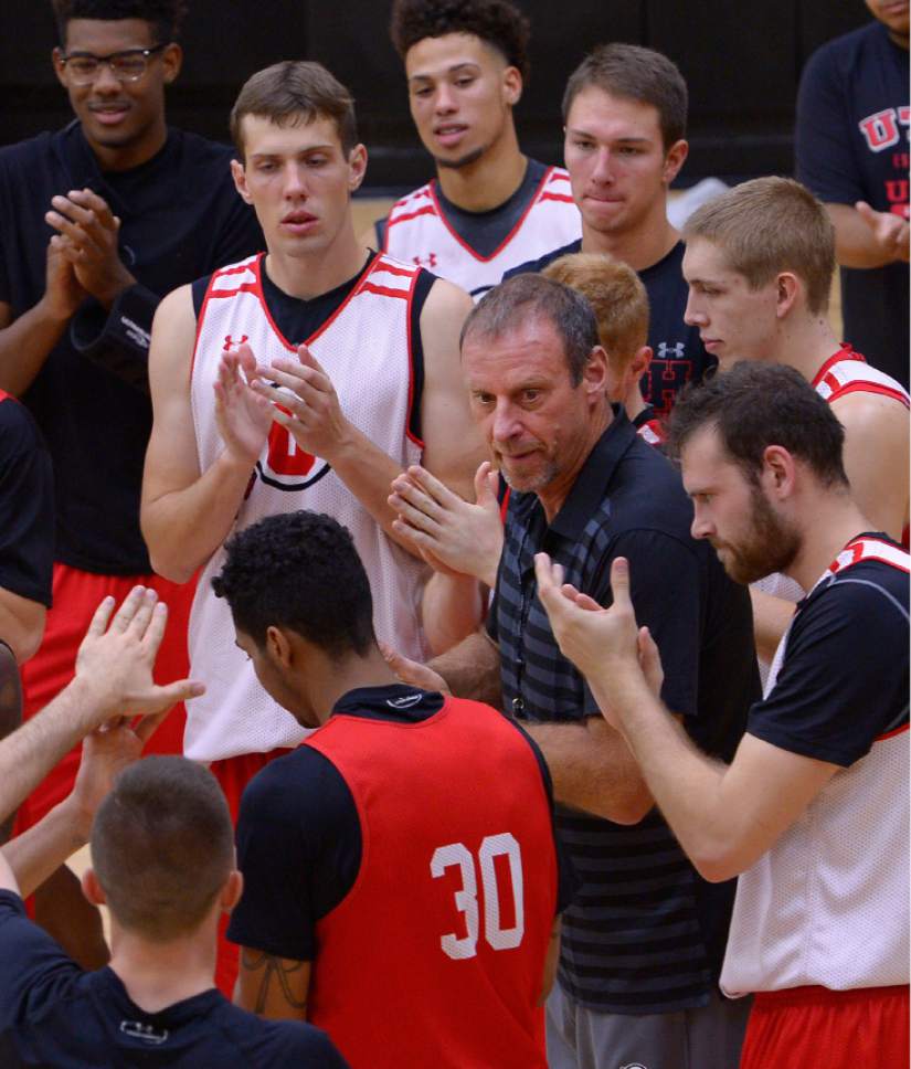 Leah Hogsten  |  The Salt Lake Tribune
 University of Utah basketball head coach Larry Krystkowiak leads his team during practice Thursday, October 6, 2016 at the Huntsman Basketball Facility.