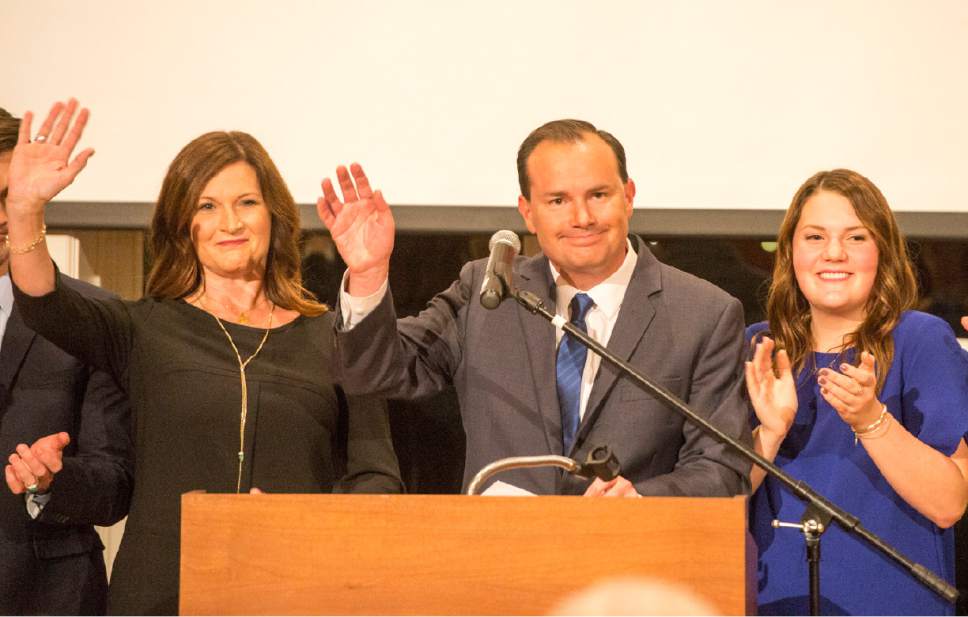 Rick Egan  |  The Salt Lake Tribune

Mike Lee waves the the crowd along with his wife Sharon and his daughter Eliza Rose, after giving a speech at Noah's, in South Jordan, Tuesday, November 8, 2016.
