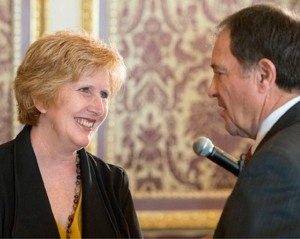 Rick Egan  |  The Salt Lake Tribune

Jill Remington Love visits with Gov. Gary Herbert, after being appointed Executive Director, Utah Department Heritage and Arts, at a press conference, at the Utah State Capitol, Thursday, November 10, 2016.