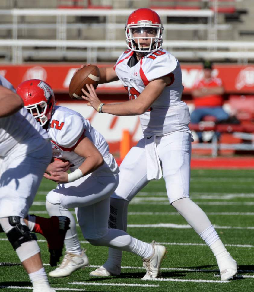 Steve Griffin / The Salt Lake Tribune


American Fork quarterback Bronson Barron looks for a receiver during the 5A semifinal football game against Lone Peak at Rice-Eccles Stadium on the University of Utah campus in Salt Lake City Thursday November 10, 2016.