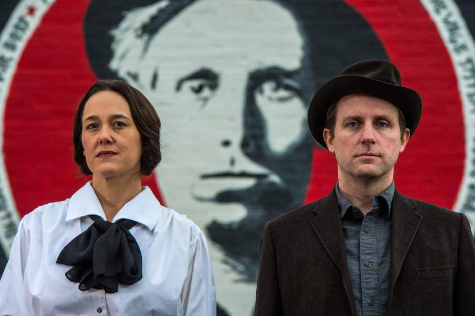 Chris Detrick  |  The Salt Lake Tribune
"One Big Union" actors Tracie Merrill, as Elizabeth Gurley Flynn, and Roger Dunbar, as Joe Hill, pose for a portrait outside of Ken Sanders Books in Salt Lake City on Tuesday, Nov. 1, 2016. "One Big Union,"  a play about the trial and execution of Joe Hill, is written by Utah playwright Debora Threedy and is being staged by Plan-B Theatre Nov. 10-20.