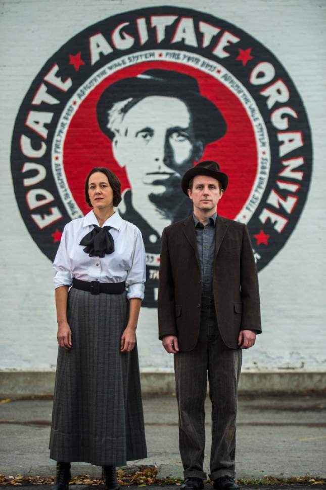 Chris Detrick  |  The Salt Lake Tribune
"One Big Union" actors Tracie Merrill, as Elizabeth Gurley Flynn, and Roger Dunbar, as Joe Hill, pose for a portrait outside of Ken Sanders Books in Salt Lake City on Tuesday, Nov. 1, 2016. "One Big Union,"  a play about the trial and execution of Joe Hill, is written by Utah playwright Debora Threedy and is being staged by Plan-B Theatre Nov. 10-20.