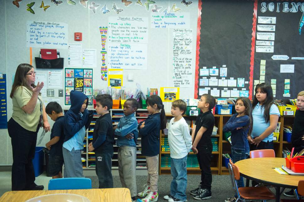 Chris Detrick  |  The Salt Lake Tribune
Christi Paulson gets her second grade class ready for recess at Riley Elementary School Wednesday November 9, 2016.