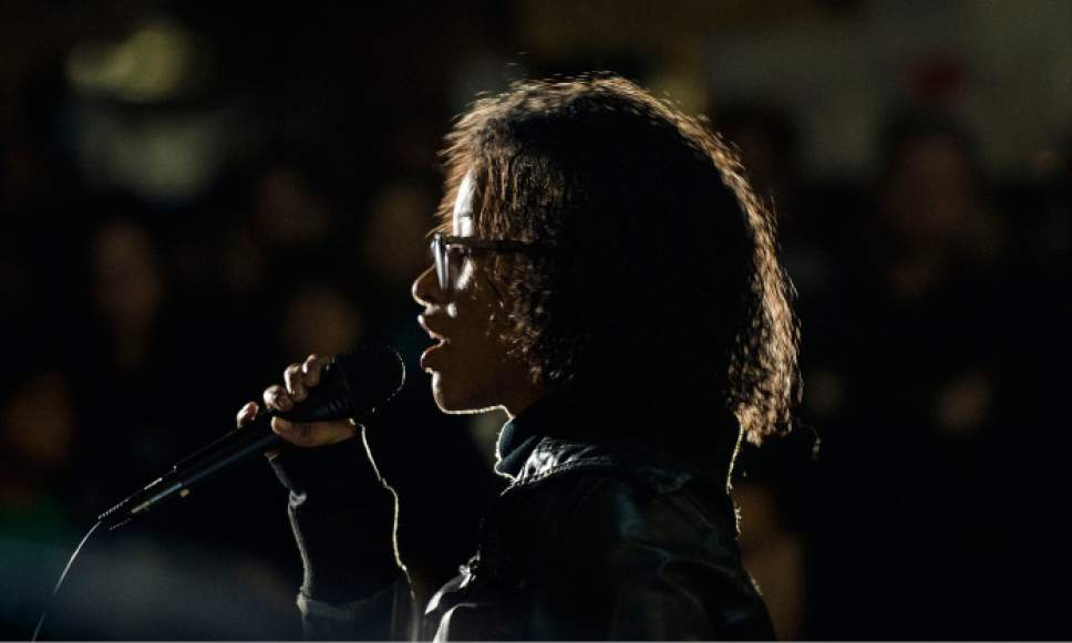 Steve Griffin / The Salt Lake Tribune


Slam poet Karen X recites one of her poems as hundreds of community members organized to empower and protect our communities from the violence of Trump and his supporters during event at the City County Building in Salt Lake City Wednesday November 9, 2016.