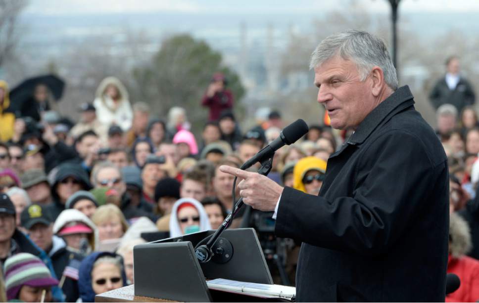 Al Hartmann  |  The Salt Lake Tribune 
Thousands gathered on the steps of the Utah State Capitol Monday March 29 to listen and pray with Franklin Graham, son of evangelist Billy Graham.  It was part of Franklin Graham's 50-state Decision America Tour.