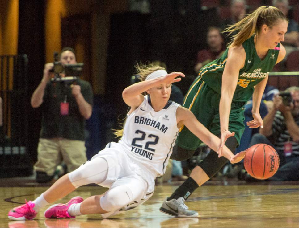 Rick Egan  |  The Salt Lake Tribune

Brigham Young Cougars guard/forward Kristine Fuller Nielson (22) steals the ball from San Francisco Lady Dons forward Taylor Proctor (32), in the West Coast Conference Championship game, at the Orleans Arena in Las Vegas, Tuesday, March 8, 2016.
