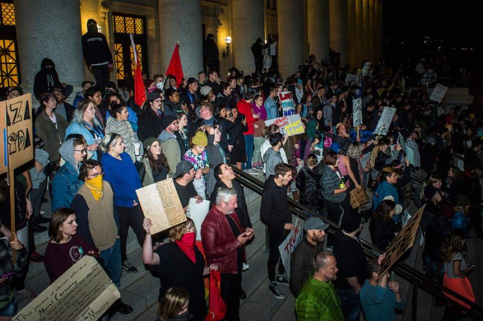 Chris Detrick  |  The Salt Lake Tribune
Anti-Trump protestors rally at the Capitol Thursday November 10, 2016.