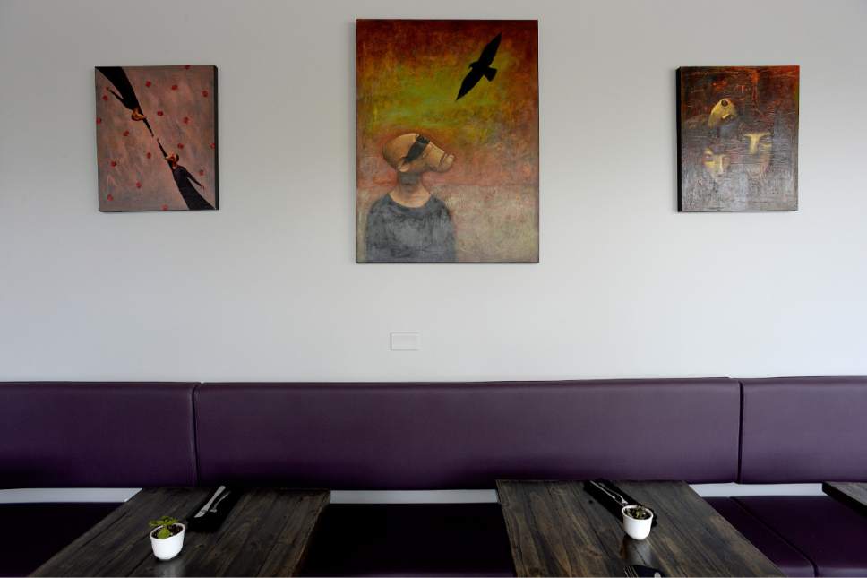 Scott Sommerdorf   |  The Salt Lake Tribune  
Some of he current art hanging at Meditrina, which recently moved to a new location in Salt Lake City's Central 9th business district.