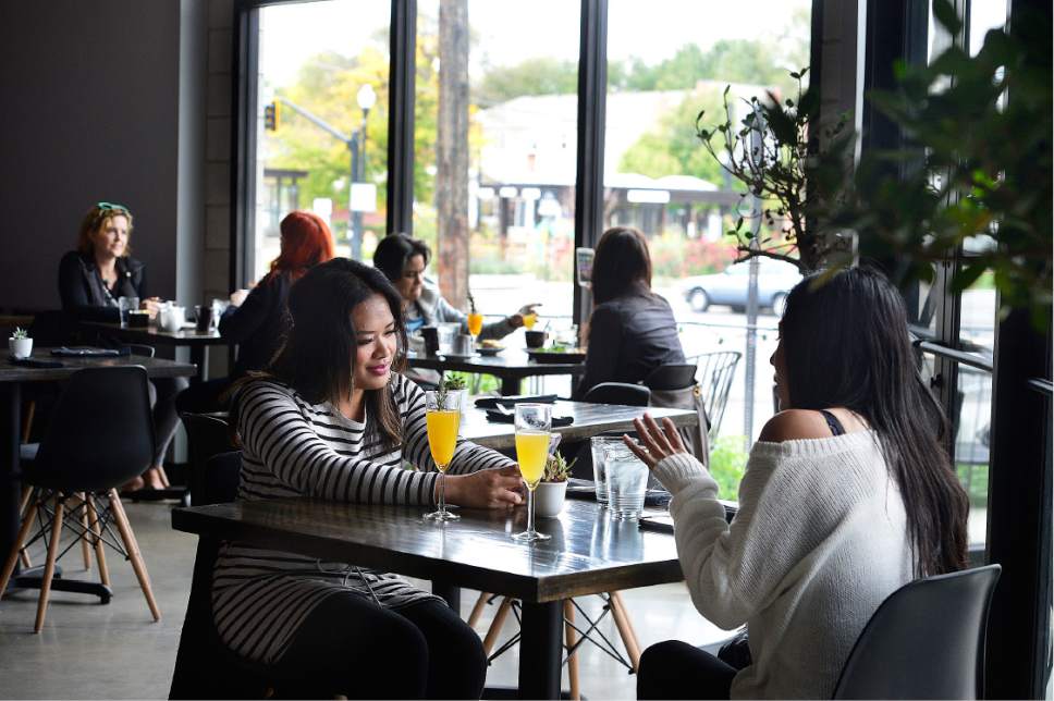 Scott Sommerdorf   |  The Salt Lake Tribune  
Melissa See, left, and her dining companion Hilda Crispin have brunch at Meditrina, which recently moved to a new location in Salt Lake City's Central 9th business district.
