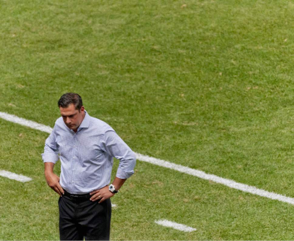 Michael Mangum  |  Special to the Tribune

Real Salt Lake head coach Jeff Cassar turns away from the field momentarily during the second half of their MLS match against the Montreal Impact at Rio Tinto Stadium in Sandy, UT on Saturday, July 9th, 2016. The match ended in a 1-1 draw.