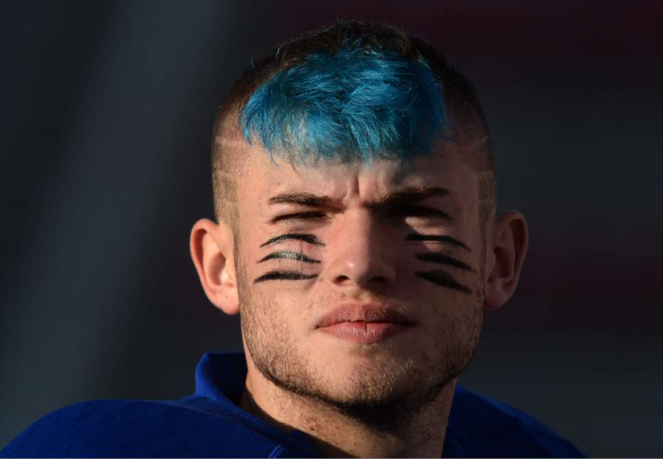 Steve Griffin / The Salt Lake Tribune


Bingham punter Spencer Bankhead shows his colors as he warms up on the sideline following halftime of the 5A semifinal football game against Fremont at Rice-Eccles Stadium on the University of Utah campus in Salt Lake City Thursday November 10, 2016.