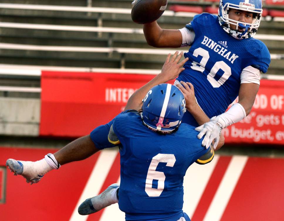 Steve Griffin / The Salt Lake Tribune


Bingham fullback Jesse Baird finishes off a great run with a touchdown during the 5A semifinal football game against Fremont at Rice-Eccles Stadium on the University of Utah campus in Salt Lake City Thursday November 10, 2016.