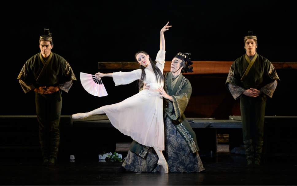 Francisco Kjolseth | The Salt Lake Tribune
Principal Ballet West artist Arolyn Williams as Cio-Cio San (Butterfly) shares the stage with soloist Tyler Gum as Ballet West runs through their final dress rehearsal for the Season Opener, Madame Butterfly at the Janet Quinney Lawson Capitol Theatre on Thursday, Nov. 3, 2016. Ballet West Orchestra, nearly 50 dancers, and opulent sets and costumes were all on display for the show scheduled to run Nov. 4-13.