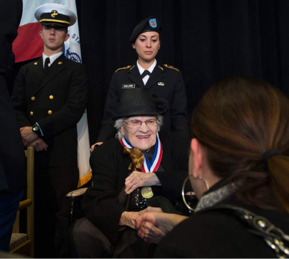 Steve Griffin / The Salt Lake Tribune


University of Utah Army ROTC Cadets stand behind as Donna Mecham is honored during the University of Utah Veteran's Day Ceremony in the ballroom of the Union Building on the University of Utah campus in Salt Lake City Friday November 11, 2016. First Lieutenant Mecham grew up in rural Michigan and began her Army nursing career in 1943 in North Africa.