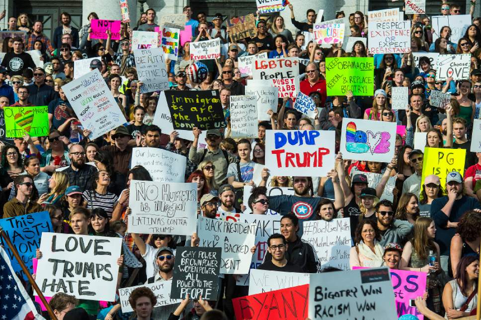 Chris Detrick  |  The Salt Lake Tribune
Anti-Trump protestors rally at the Utah State Capitol during the 'Salt Lake City Protests Trump' event Saturday November 12, 2016.