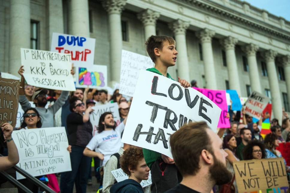 Chris Detrick  |  The Salt Lake Tribune
Anti-Trump protestors rally at the Utah State Capitol during the 'Salt Lake City Protests Trump' event Saturday November 12, 2016.