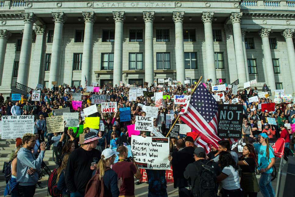 Chris Detrick  |  The Salt Lake Tribune
Anti-Trump protestors rally at the Utah State Capitol during the 'Salt Lake City Protests Trump' event Saturday November 12, 2016.