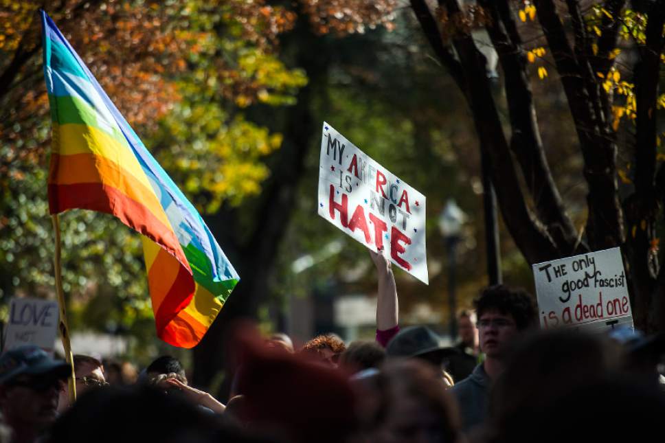 Chris Detrick  |  The Salt Lake Tribune
Protesters rally during the 'Salt Lake City Protests Trump' at the City and County Building Saturday November 12, 2016.