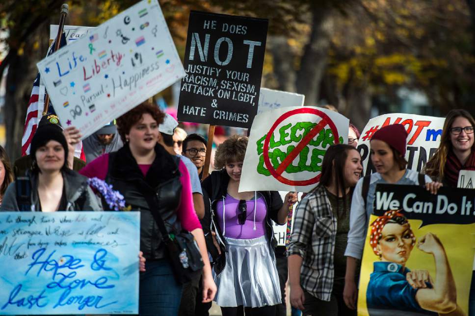 Chris Detrick  |  The Salt Lake Tribune
Protesters rally during the 'Salt Lake City Protests Trump' at the City and County Building Saturday November 12, 2016.