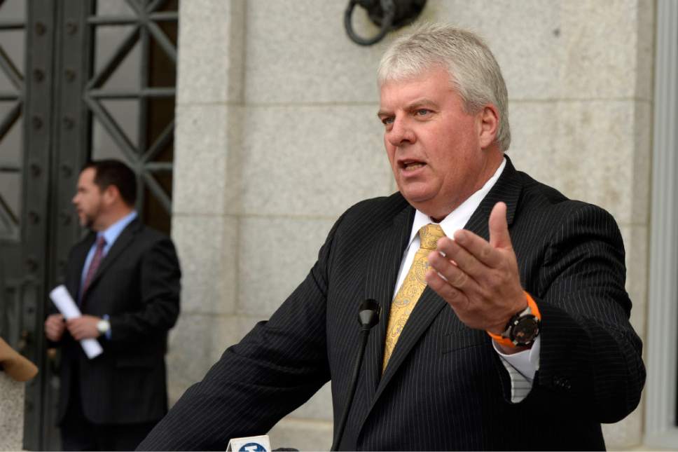 Al Hartmann  |  The Salt Lake Tribune
Hunter sportsman Donald Pea was among a group of Utahns who stood on the Utah Capitol steps Monday Feb 22 to announce Utah's formation for the Donald Trump campaign.