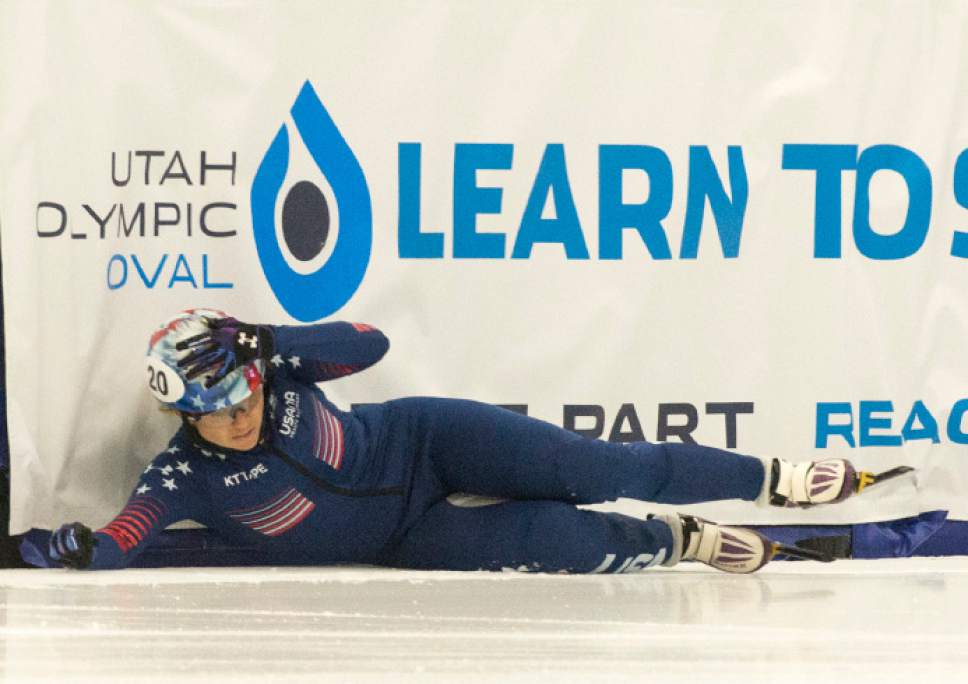 Rick Egan  |  The Salt Lake Tribune

Jessica Kooreman, USA, crashes into the wall in the Ladies World Cup1500 M finals, at the Olympic Oval in Kearns, Saturday, November 12, 2016.
