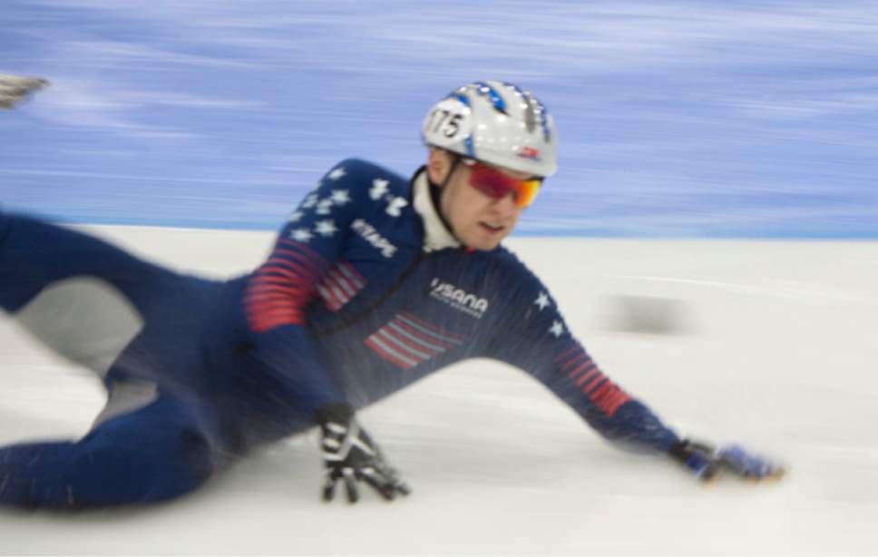 Rick Egan  |  The Salt Lake Tribune

Ryan Pivirotto, USA, slides into the wall, in the Men's World Cup1500 M semi - finals, at the Olympic Oval in Kearns, Saturday, November 12, 2016.