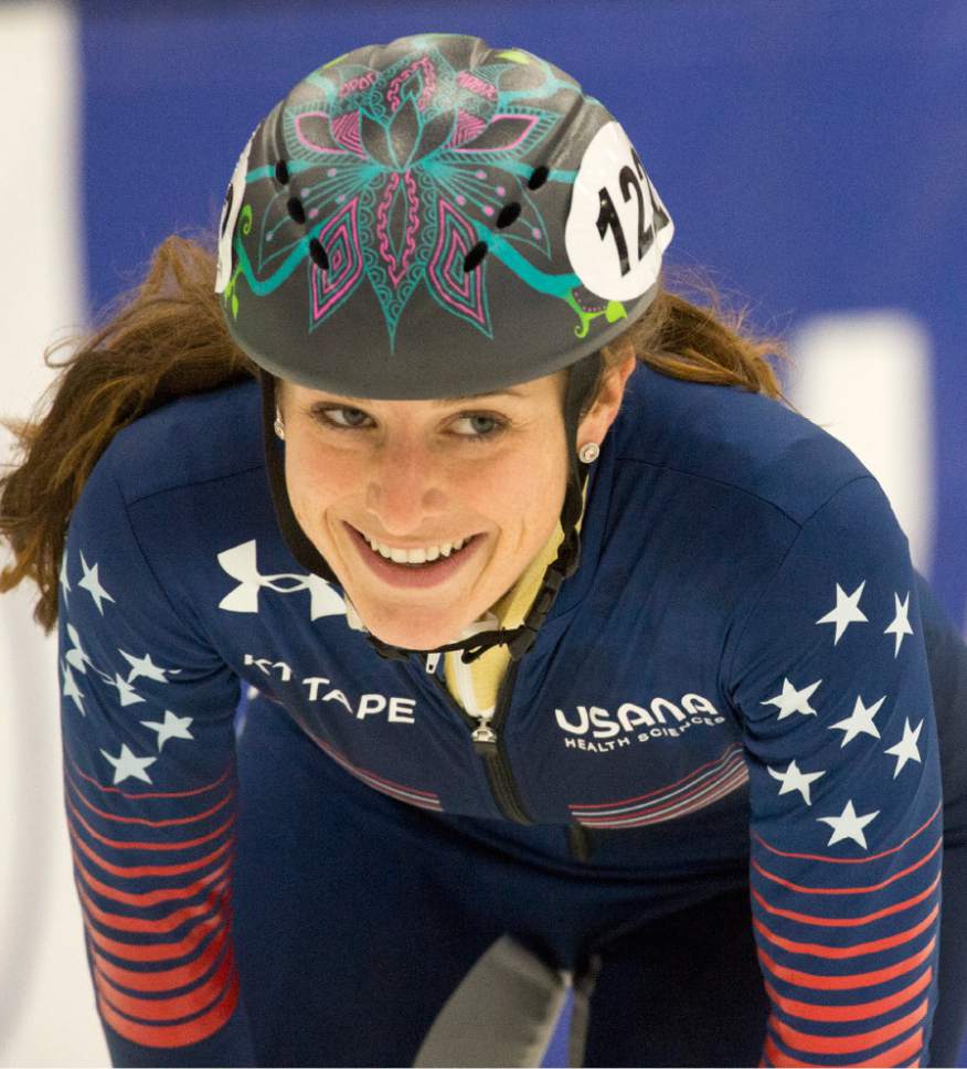 Rick Egan  |  The Salt Lake Tribune

Katherine Reutter USA (122) manages a smile, even though she crashed in the Ladies World Cup 1000 M finals, at the Olympic Oval in Kearns, Saturday, November 12, 2016.