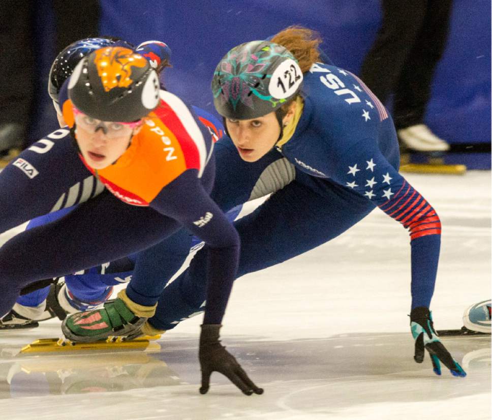 Rick Egan  |  The Salt Lake Tribune

Katherine Reutter USA (122) skates behind Suzanne Shulting, Nederlands, in the Ladies World Cup 1000 M finals, at the Olympic Oval in Kearns, Saturday, November 12, 2016.
