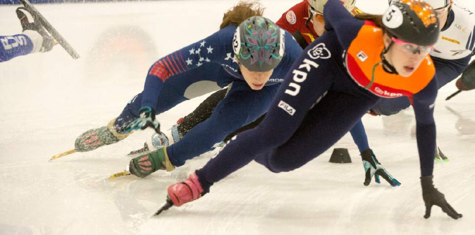 Rick Egan  |  The Salt Lake Tribune

Katherine Reutter USA (122) slides out of position in the Ladies World Cup 1000 M finals, at the Olympic Oval in Kearns, Saturday, November 12, 2016.