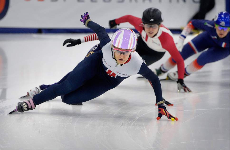 Scott Sommerdorf   |  The Salt Lake Tribune  
Elise Christie of the United Kingdom broke the world record in the Women's 500m with a time of 42.335 in the quarter-final race at the World Cup Short Track race at the Utah Olympic Oval, Sunday, November 13, 2016. Christie would later fall in the final of the 500m.