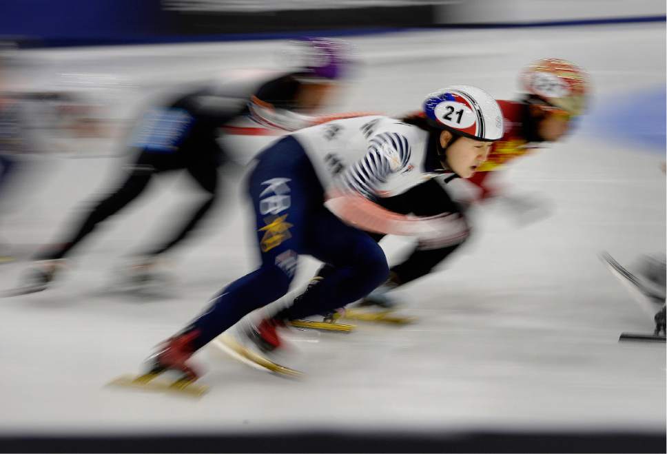Scott Sommerdorf   |  The Salt Lake Tribune  
Korean skater Noh Do Hee skates in the Women's 1500m semi-final at the World Cup Short Track race at the Utah Olympic Oval, Sunday, November 13, 2016.