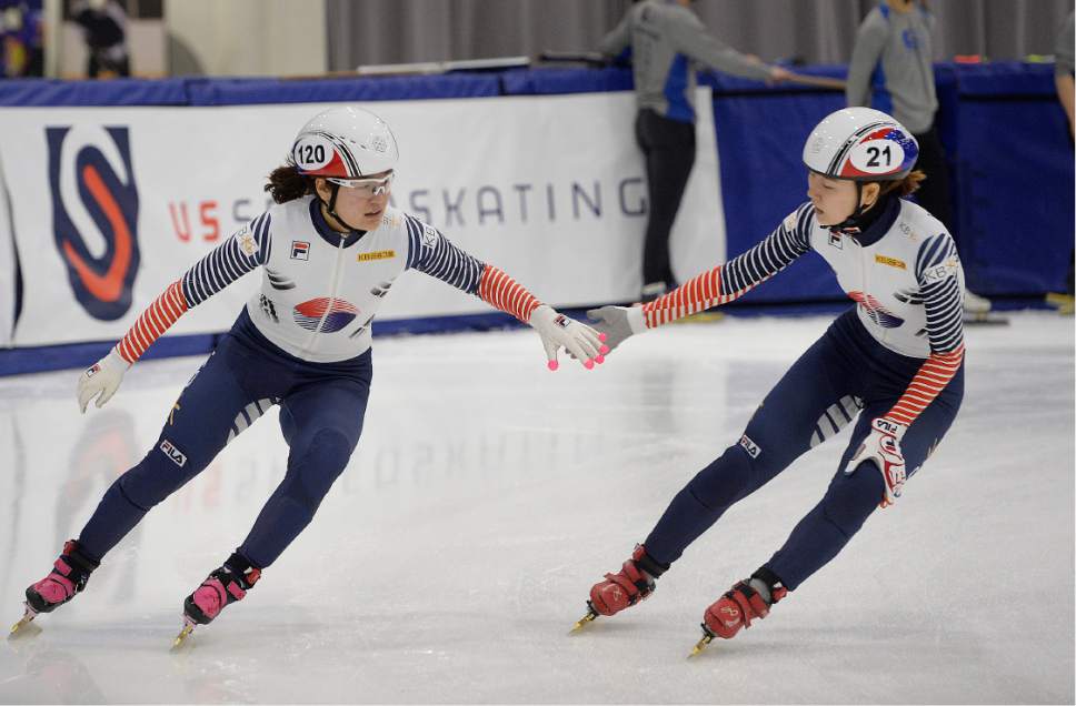Scott Sommerdorf   |  The Salt Lake Tribune  
Korean skaters Kim Jiyoo, left and Noh Do Hee congratulate each other after finishing 1-2 in the Women's 1500m semifinal at the World Cup Short Track race at the Utah Olympic Oval, Sunday, November 13, 2016.