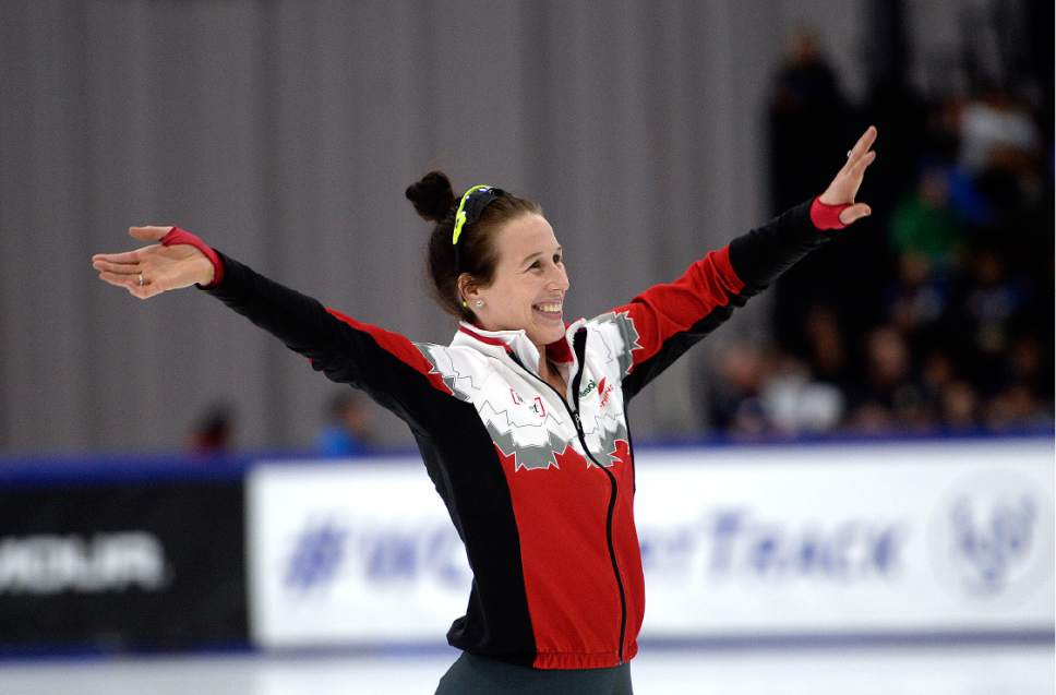 Scott Sommerdorf   |  The Salt Lake Tribune  
Marianne St-Gelais of Canada celebrates her gold medal win in the Ladies 500m final at the World Cup Short Track race at the Utah Olympic Oval, Sunday, November 13, 2016. St-Gelais won with a time of 43.059.