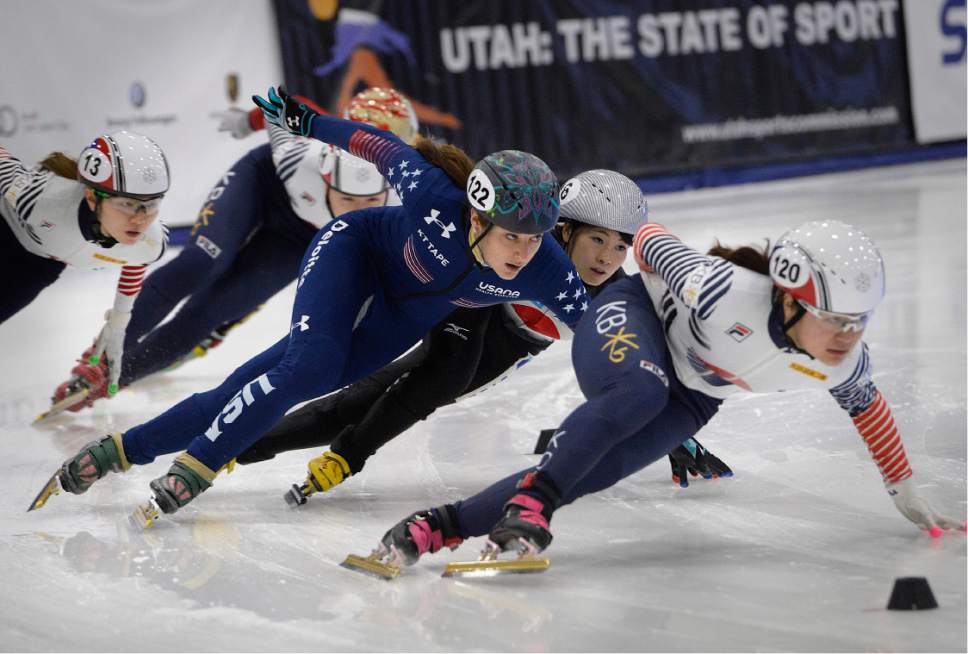 Scott Sommerdorf   |  The Salt Lake Tribune  
Katherine Reutter of the USA races during the Women's 1500m final at the World Cup Short Track race at the Utah Olympic Oval, Sunday, November 13, 2016. Reutter would later stumble and narrowly avoid a fall, but finished last.