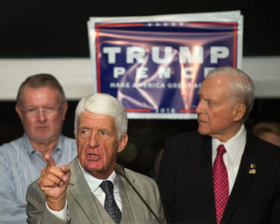 Rep. Rob Bishop and Sen. Orrin Hatch take the stage after the Associated Press called the results in Pennsylvania for Donald Trump during the Republican Election Night party at Rice-Eccles Stadium on the campus of the University of Utah in Salt Lake City Wednesday, Nov. 9, 2016. (Steve Griffin/The Salt Lake Tribune via AP)