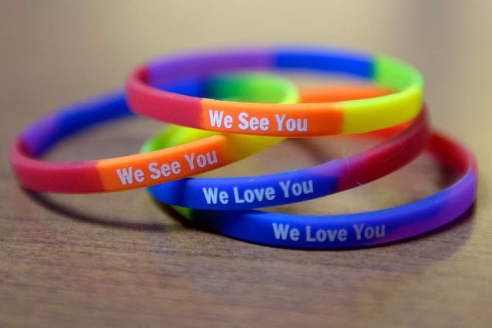 Jeremy Harmon  |  The Salt Lake Tribune
These bracelets are being distributed as part of the Utah Pride Center's "We See You and We Love You" campaign.
