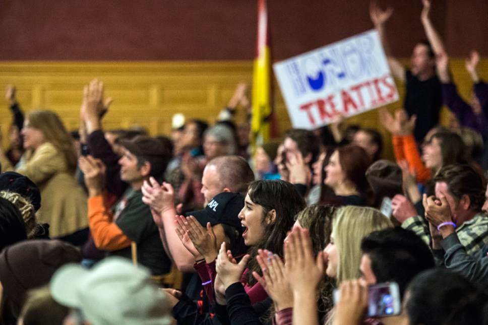 Chris Detrick  |  The Salt Lake Tribune
Dakota Access Pipeline protestors cheer after the Salt Lake City Council adopts a joint resolution with Mayor Jackie Biskupski supporting the Standing Rock Sioux Tribe's opposition to the Dakota Access Pipeline  Tuesday November 15, 2016.