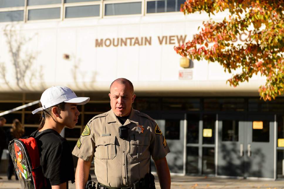 Trent Nelson  |  The Salt Lake Tribune
Law enforcement on the scene after a 16-year-old boy allegedly stabbed several other male students before reportedly turning his knife on himself at Mountain View High School in Orem Tuesday November 15, 2016.