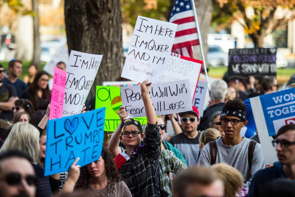 Chris Detrick  |  The Salt Lake Tribune
Protesters rally during the 'Salt Lake City Protests Trump' at the City and County Building Saturday November 12, 2016.