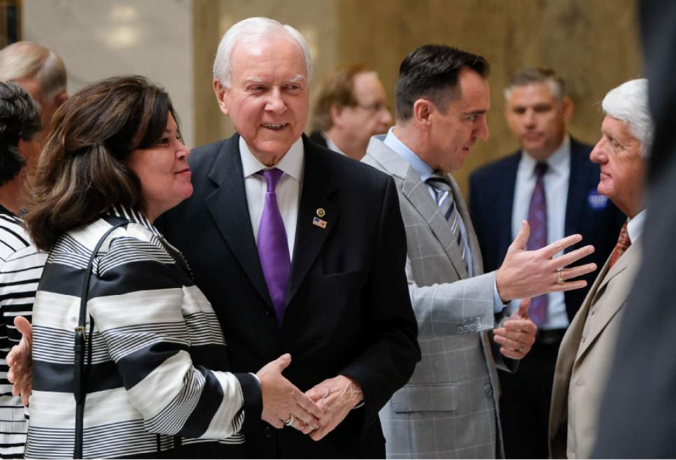 Francisco Kjolseth | The Salt Lake Tribune
Enid Michelsen, Senator Orrin Hatch, Utah House speaker Greg Hughes and U.S. Rep. Rob Bishop, from left, gather for a rally in support of Donald Trump in the rotunda of the Utah Capitol, on Tuesday, Nov. 1, 2016.