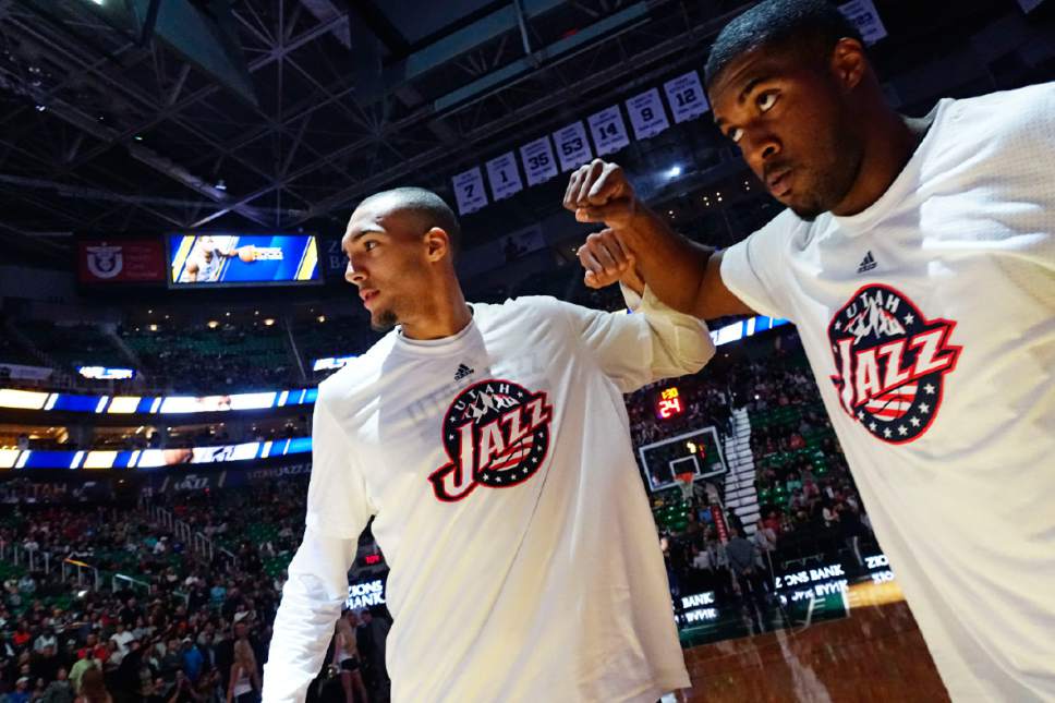 Lennie Mahler  |  The Salt Lake Tribune

Utah center Rudy Gobert and forward Derrick Favors bump fists during player introductions before a game against the Memphis Grizzlies at Vivint Smart Home Arena on Saturday, Nov. 7, 2015.