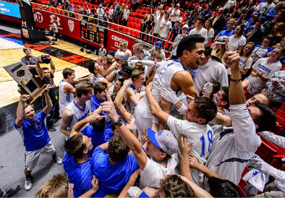 Trent Nelson  |  The Salt Lake Tribune
Bingham players and fans celebrate their state championship after defeating Copper Hills in the 5A state championship high school basketball game at the Huntsman Center in Salt Lake City, Saturday March 5, 2016.