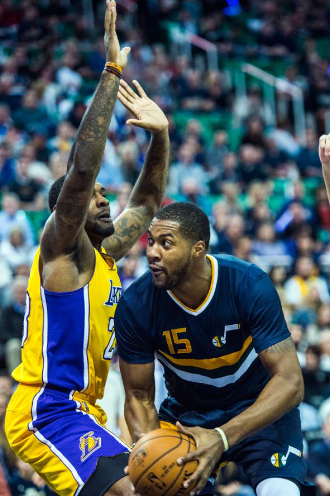 Chris Detrick  |  The Salt Lake Tribune
Los Angeles Lakers center Tarik Black (28) guards Utah Jazz forward Derrick Favors (15) during the game at Vivint Smart Home Arena Friday October 28, 2016.