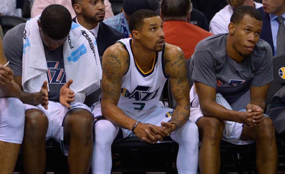Leah Hogsten  |  The Salt Lake Tribune
l-r Utah Jazz forward Joe Johnson (6), Utah Jazz guard George Hill (3) and Utah Jazz guard Rodney Hood (5) react to their loss in the final minutes of the game. The San Antonio Spurs defeated the Utah Jazz 100-86 during their game, Friday, November 4, 2016 at Vivant Smart Home Arena.