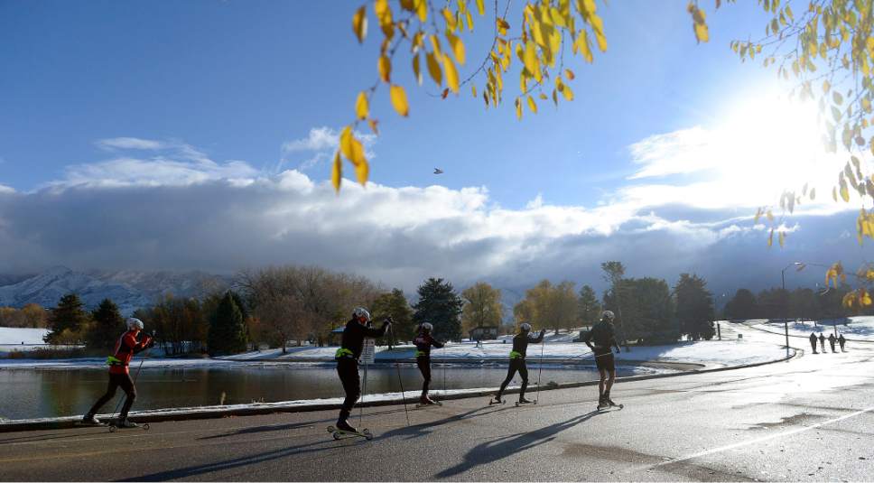 Al Hartmann  |  The Salt Lake Tribune
Members of the University of Utah Nordic team train on dry land skis in Sugarhouse Park Thursday morning Nov. 17.  With today's first small snow they are probably wishing for the real thing.