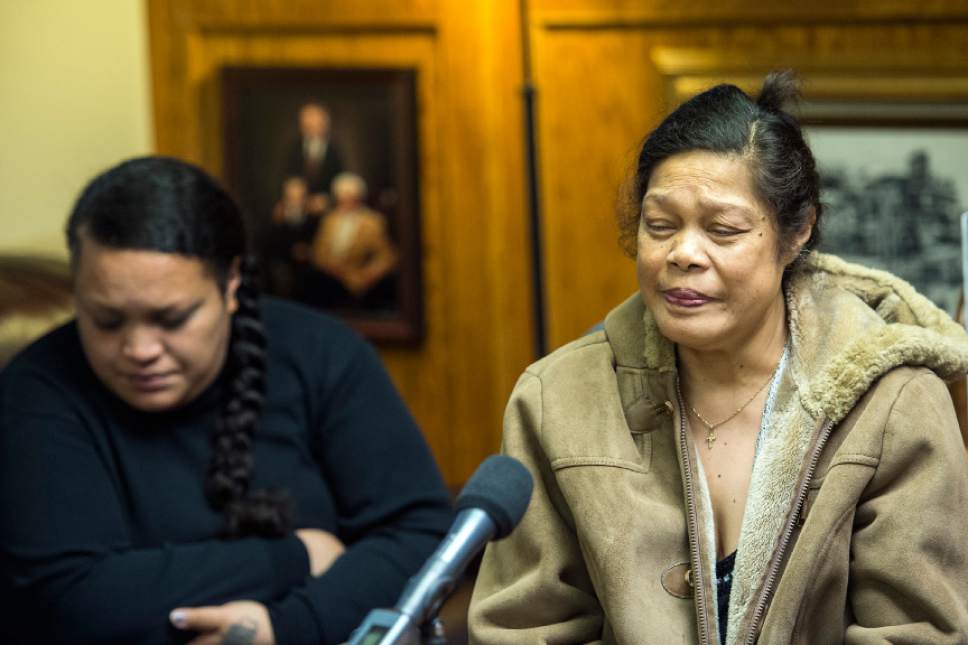 Chris Detrick  |  The Salt Lake Tribune
Valu Angilau speaks during a press conference at Sykes McAllister Law Offices Thursday September 22, 2016. The parents of Siale Angilau -- who was shot to death by a U.S. Marshal two years ago during a federal court trial -- filed a lawsuit Thursday against the United States government and the marshal who fired the fatal shots. The lawsuit, filed in U.S. District, claims that Angilau's April 2014 death resulted from a "grossly negligent use of unnecessary, deadly force," which violated Angilau's civil rights.