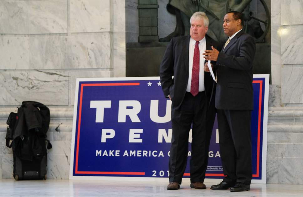 Francisco Kjolseth | The Salt Lake Tribune
Don Peay, left, speaks with Utah Republican chairman James Evans prior to a Donald Trump rally in the rotunda of the Utah Capitol, on Tuesday, Nov. 1, 2016.