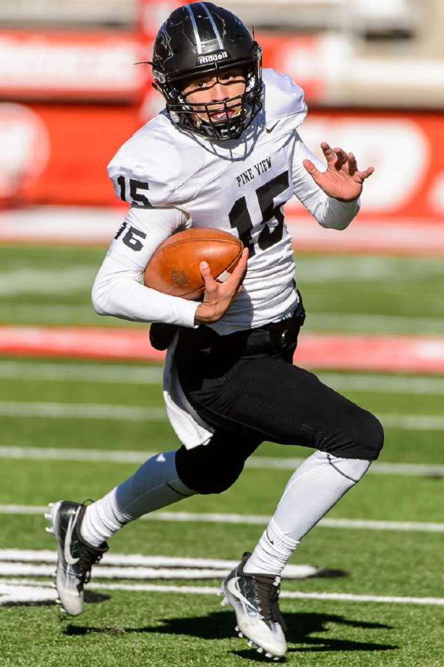 Trent Nelson  |  The Salt Lake Tribune
Pine View's Ryan Javines runs the ball as Desert Hills faces Pine View in the Class 3AA high school football state championship at Rice-Eccles Stadium in Salt Lake City, Friday November 18, 2016.