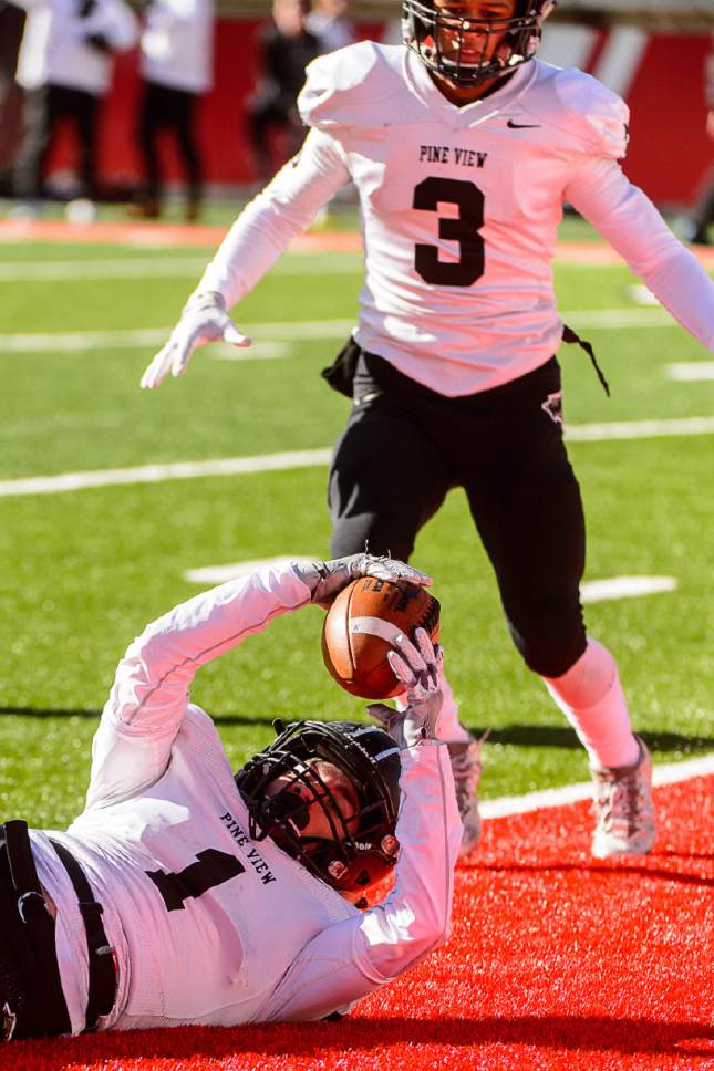 Trent Nelson  |  The Salt Lake Tribune
Pine View's Lance Mandrigues scores a touchdown as Desert Hills faces Pine View in the Class 3AA high school football state championship at Rice-Eccles Stadium in Salt Lake City, Friday November 18, 2016.